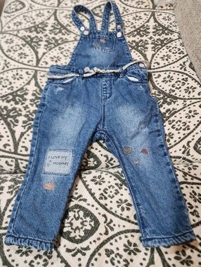 Zara Blue Denim Kids Overalls with Heart Patches 9/12 M